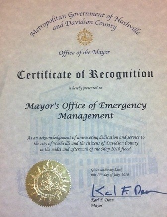 Certificate of recognition from Mayor's Office regarding flood of 2010