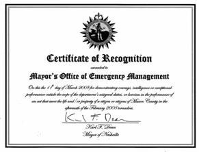 Macon County Certificate of Recognition for assistance after tornado
