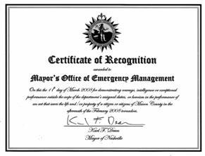 Macon County Certificate of Recognition for assistance after tornado