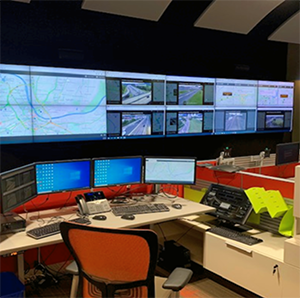 Traffic Management Center desk and video screens