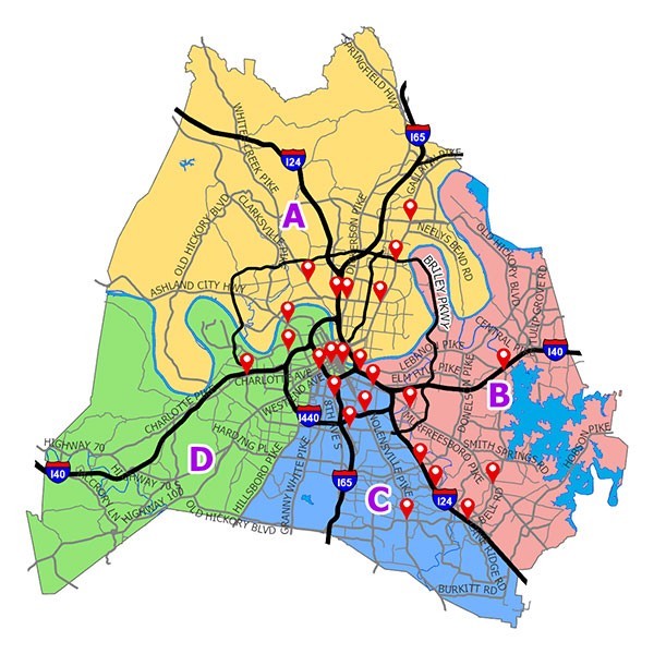 Map of Davidson County showing License Plate Reader distribution quadrants