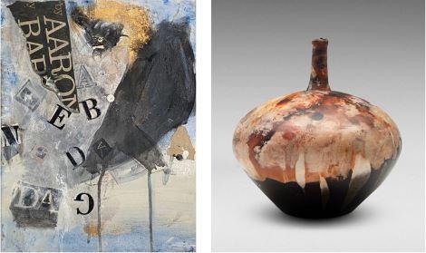 a mixed media collaborative painting and a pit-fired pot