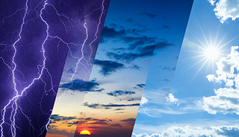collage of various weather types including lightning, sunrise, sunset, and mostly sunny