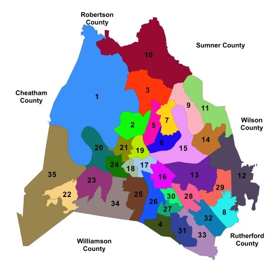 color-coded map of Nashville-Davidson council districts