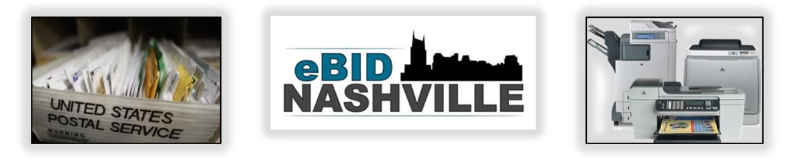 clip art of postal mail, eBid Nashville logo, and copiers