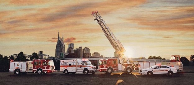 Emergency Vehicles, Nashville Skyline and the Sun on the Horizon