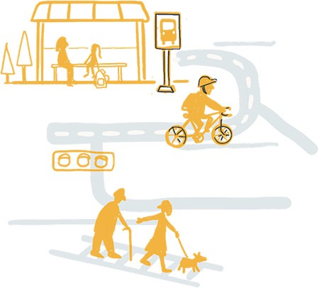 illustration of various forms of transit including walking, bicycle, and bus