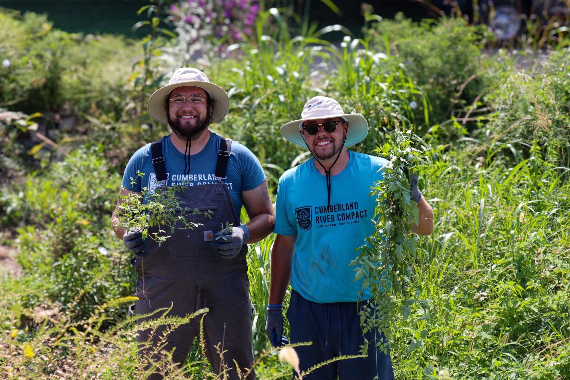 Members of the Cumberland River Compact Field Team remove invasive species from the bioretention.