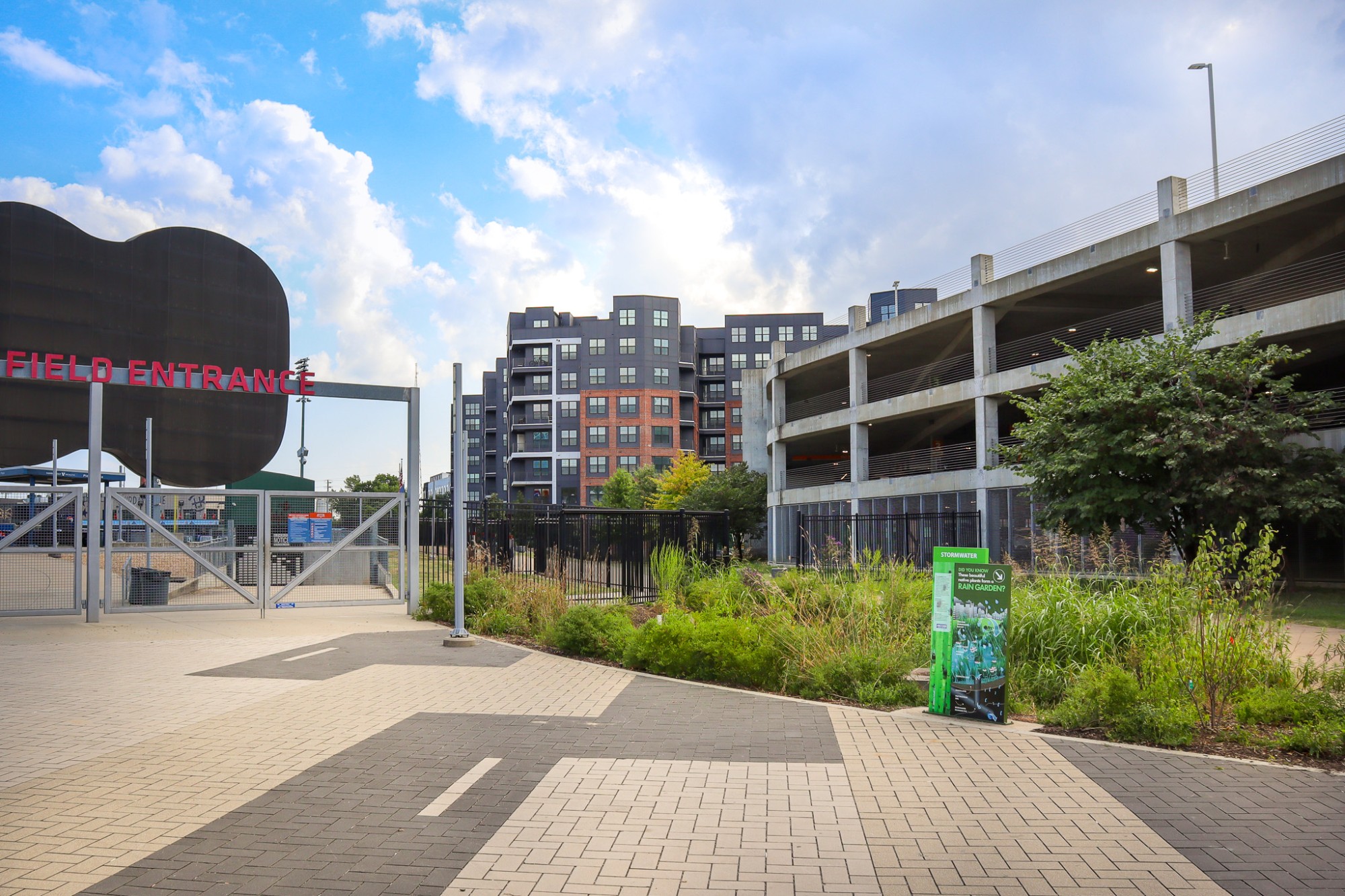Bioretention cell and permeable pavement at First Horizon Park’s right field entrance.