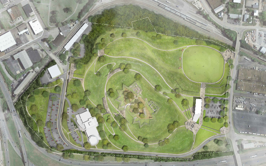Aerial rendering of the full 64-acre Fort Negley Park site.