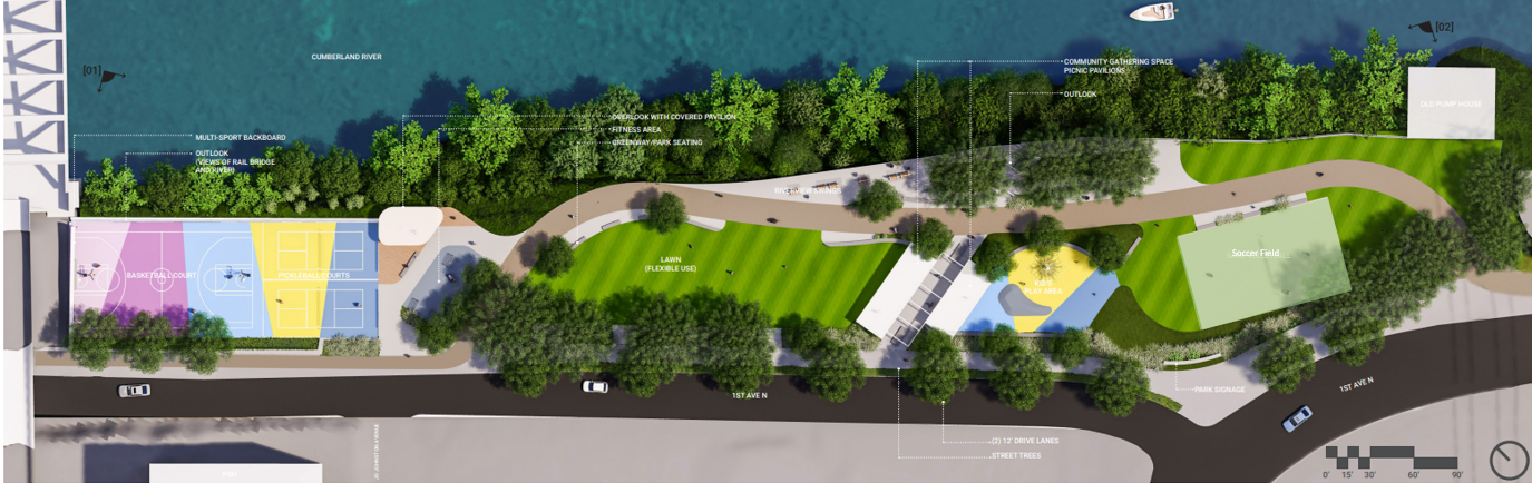 Aerial rendering of 1st and Gay Park layout
