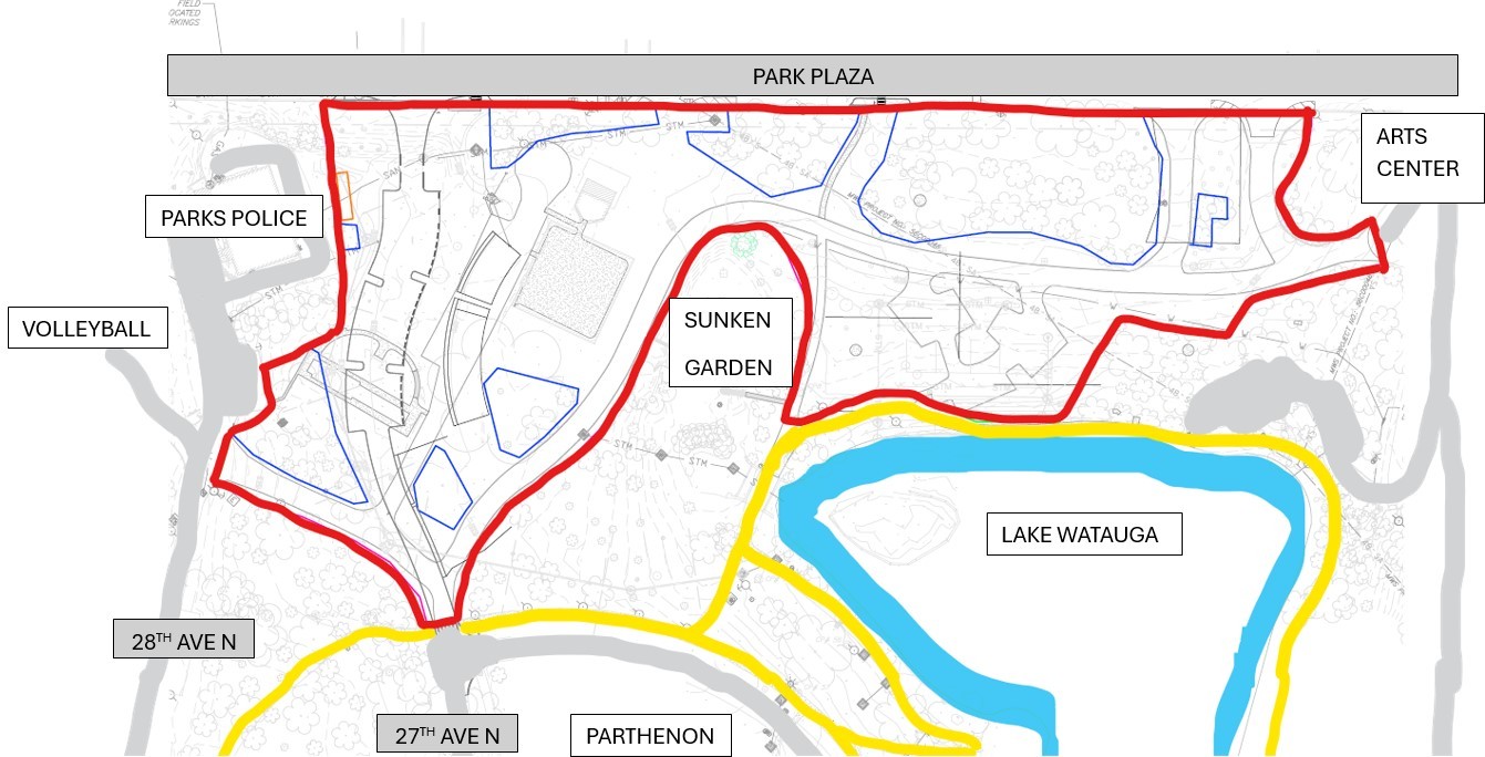 Graphic: Map of Centennial Park closures. See Text Description below.