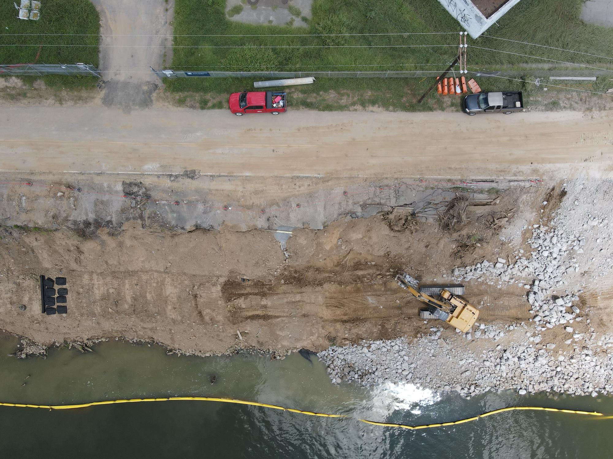 Overhead view of riverbank stabilization in Shelby Park