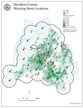 Thumbnail image of map of Davidson County showing location of Tornado sirens