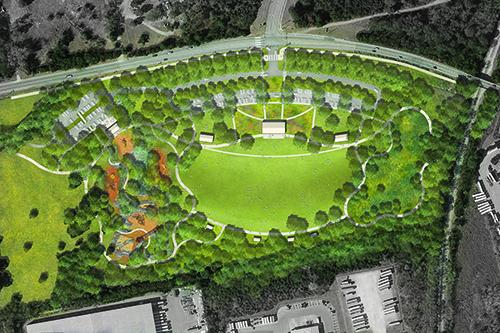Aerial view of Southeast Park Master Plan Phase 1 rendering