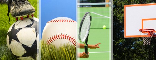 Collage of four photos showing soccer ball, baseball, tennis racket and ball and basketball hoop