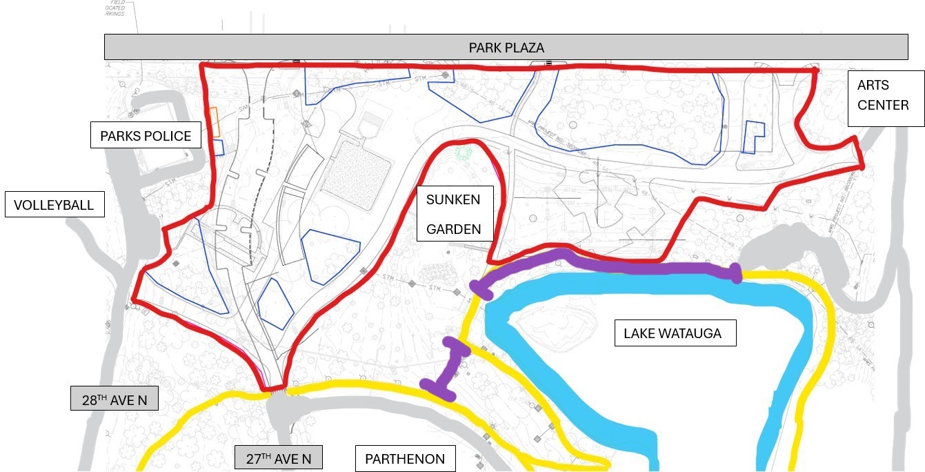 Graphic explaining that the portion of the Lake Watagua Walking Loop near the construction fencing in Centennial Park will be closed from Monday, October 20th to the end of October. 
