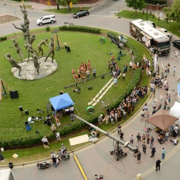 Aerial photo of an event being videoed/photographed