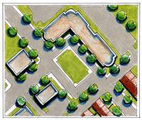Illustration showing overhead view of buildings and streets