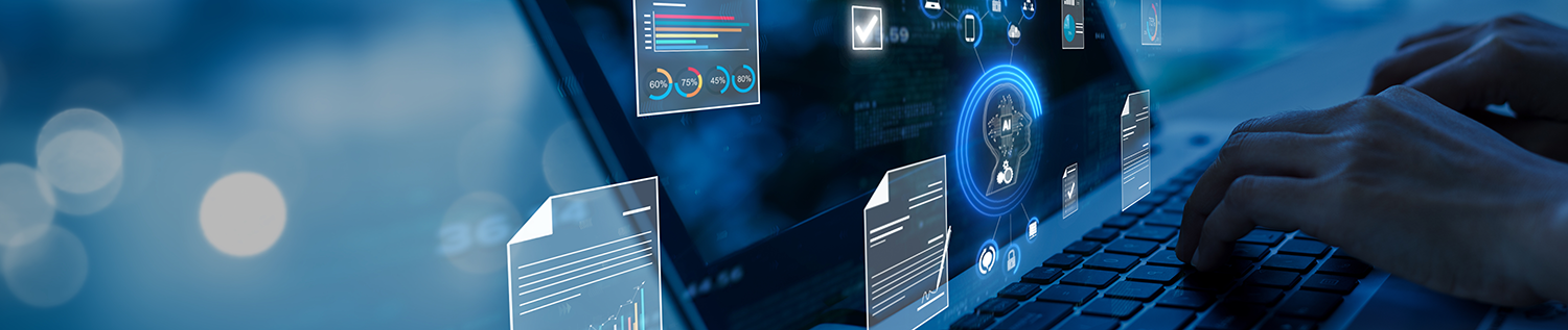 Hands typing on a laptop with holographic data and charts floating above. The scene conveys a futuristic, tech-focused atmosphere.