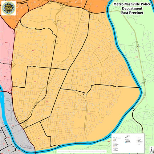 coverage map of the East Precinct of the Metro Nashville Police Department, covering areas east of downtown following the Cumberland River extending north to Interstate 65 and Briley Parkway