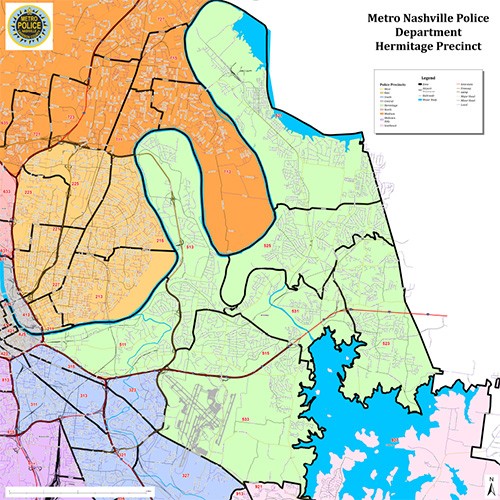 coverage area of the Hermitage Precinct of the Metro Nashville Police Department, covering the east-most parts of Davidson County north of J. Percy Priest Lake