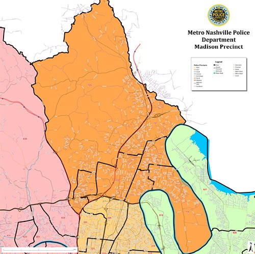 coverage area of the Madison Precinct of the Metro Nashville Police Department, covering the northeast-most areas of Davidson County including Madison, Goodlettsville, and parts of Inglewood and Old Hickory
