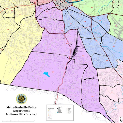 coverage area of the Midtown Hills Precinct of the Metro Nashville Police Department, covering parts of Davidson County extending south of downtown towards the Radnor Lake area and areas north of Brentwood