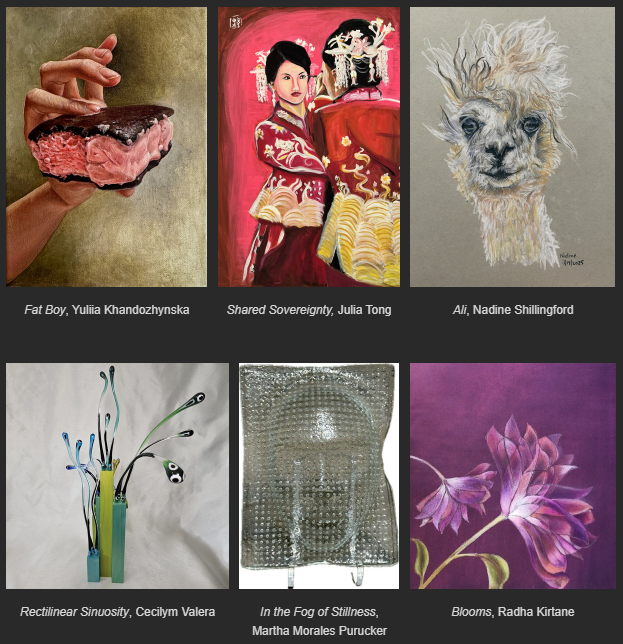 A collection of six photos of artwork and the name of the artist who created it. From left to right, top row, a pink ice cream sandwich, a woman of Asian heritage doing make up in a mirror, a close up of a llama with wind blown hair. From left to right, bottom row, blown glass sticks mounted in colorful wooden blacks, a face depicted in glass, a purple painting of flowers in bloom.