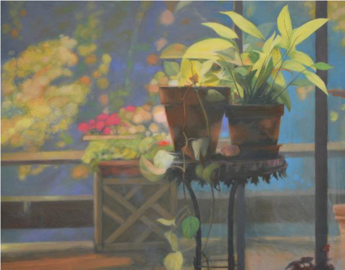 A painting of potted plants on a small table with more plants in the background