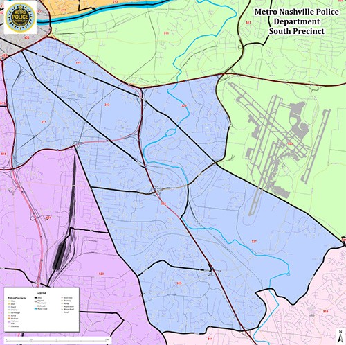 coverage area of the South Precinct of the Metro Nashville Police Department, covering the areas southeast of downtown between Interstate 65 and the Nashville International Airport north of Old Hickory Boulevard