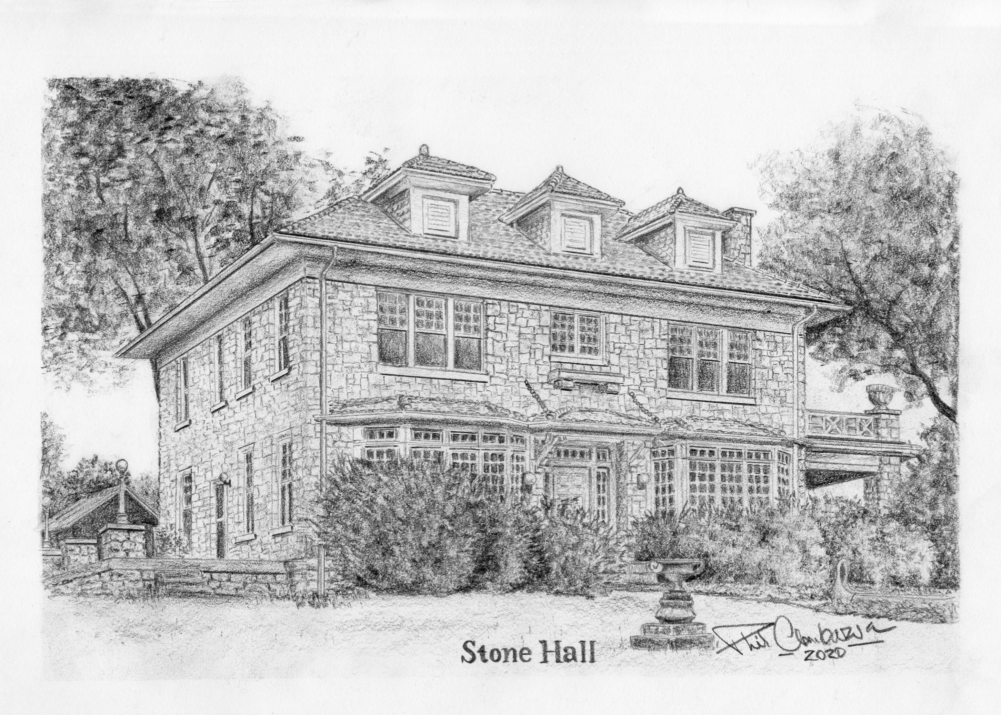 Black and white drawing of Stone Hall building