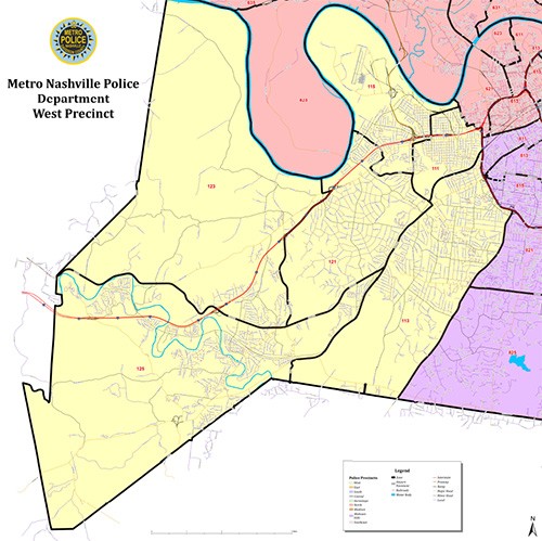 coverage area of the West Precinct of Metro Nashville Police Department, covering the southwest-most areas of Davidson County including Bellevue