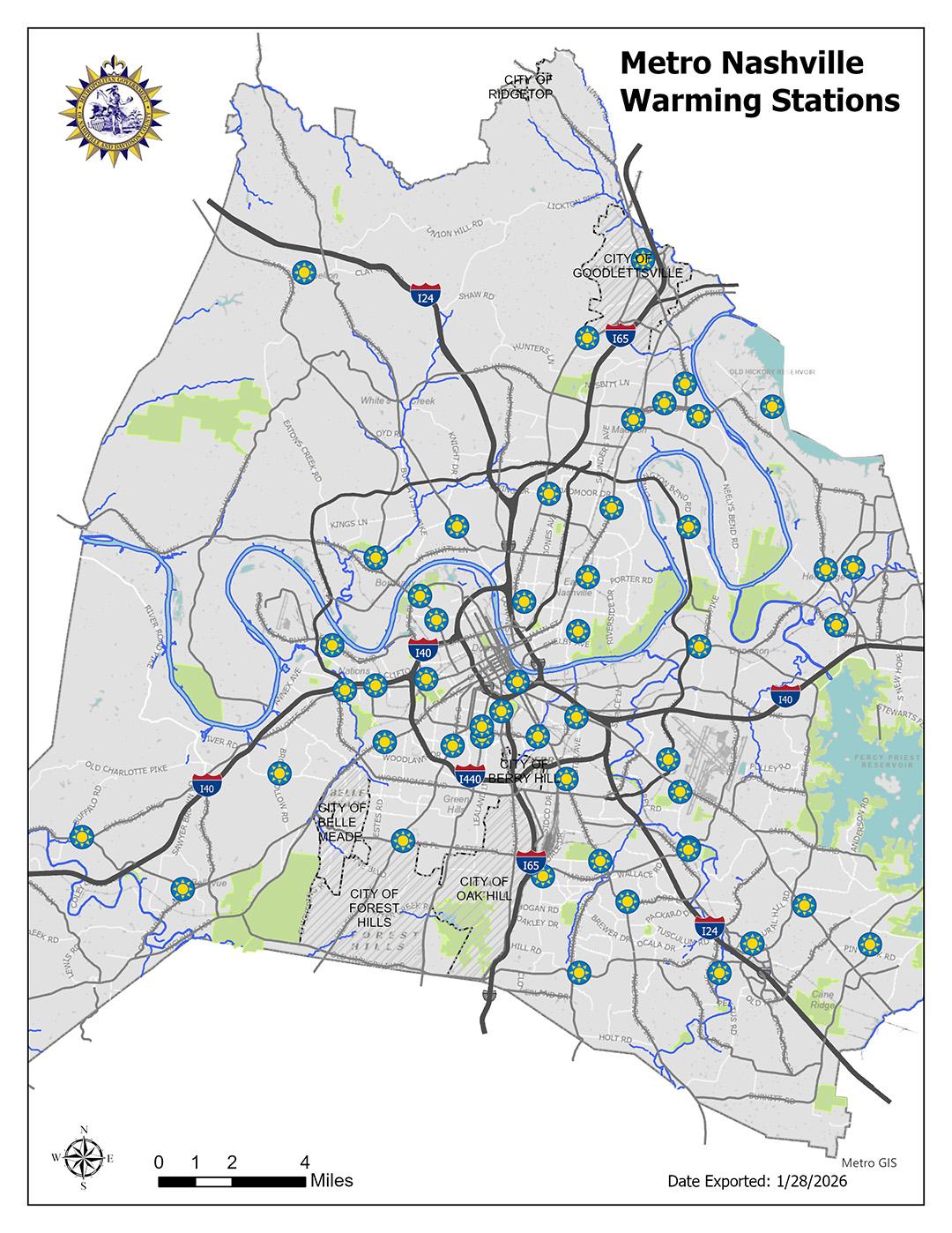 map of Davidson County showing points for each warming location