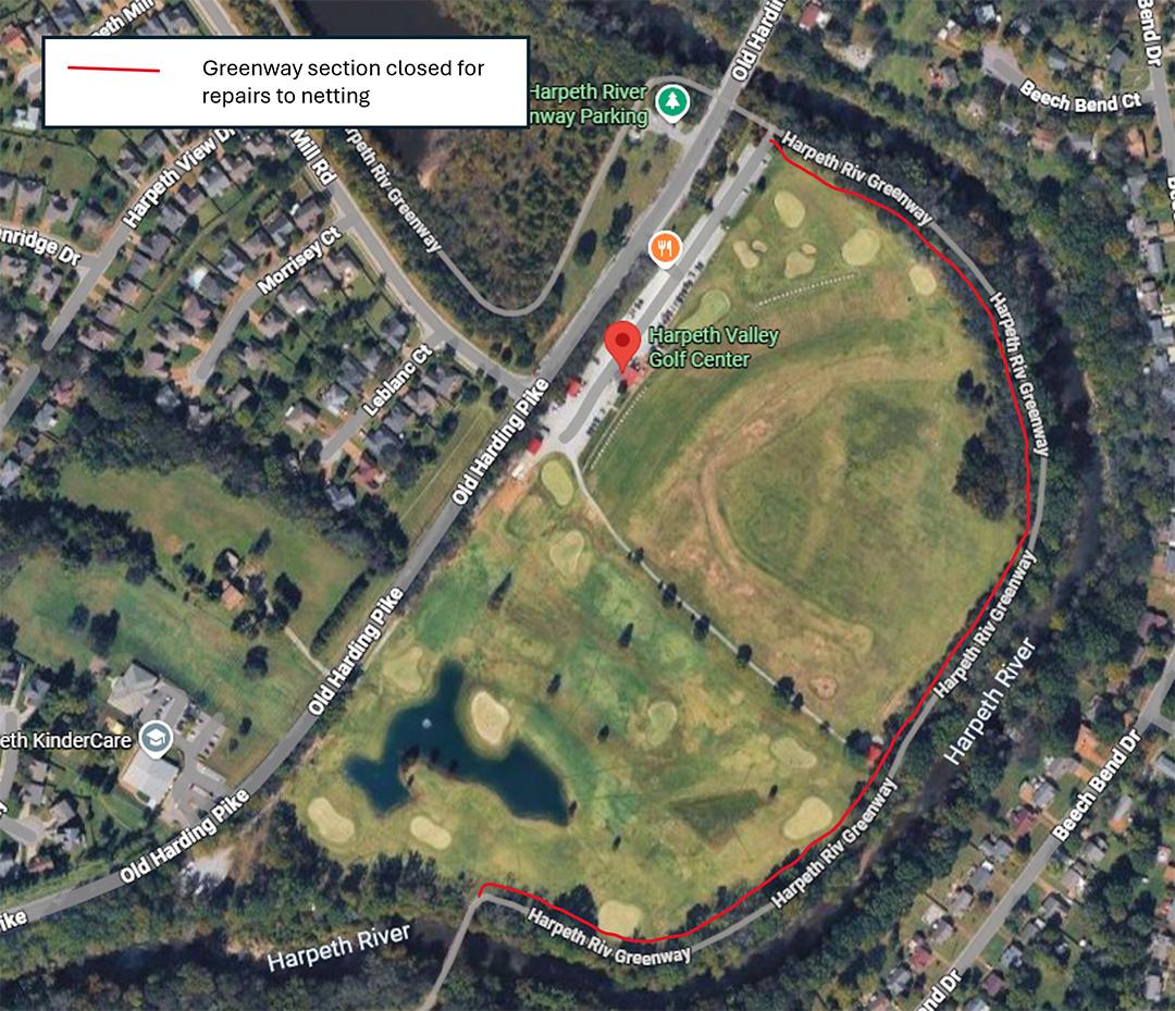aerial map highlighting Harpeth River Greenway