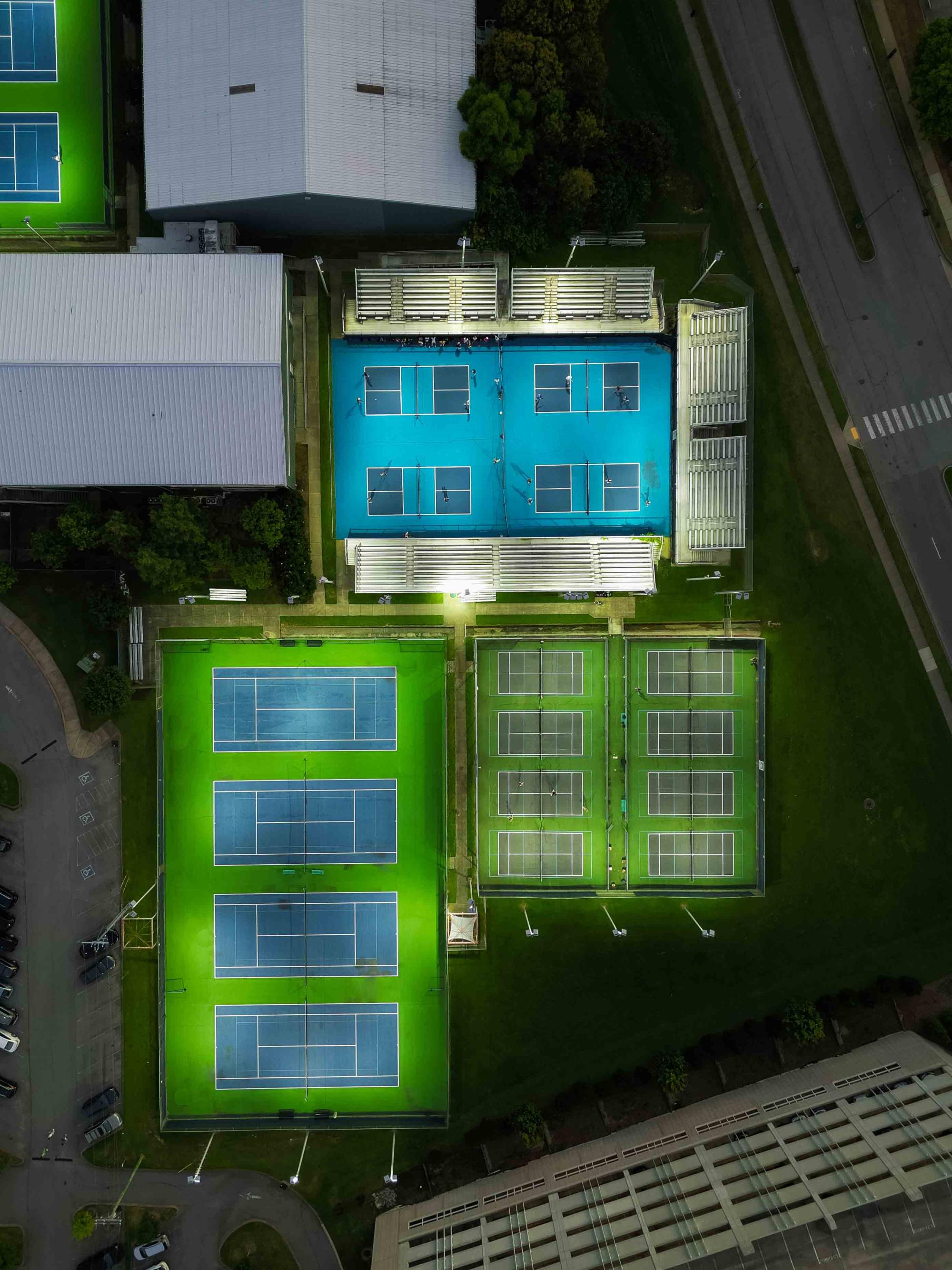 Overhead view of pickleball courts. 