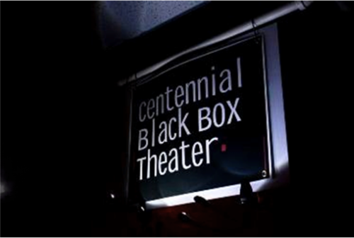 A sign for the Centennial Black Box Theater