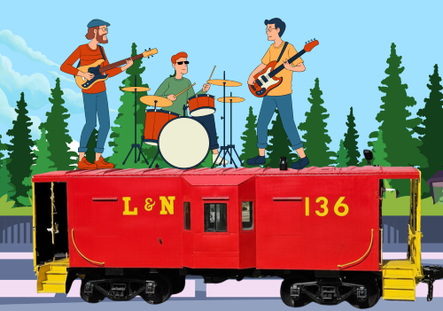 a band playing music on a train caboose