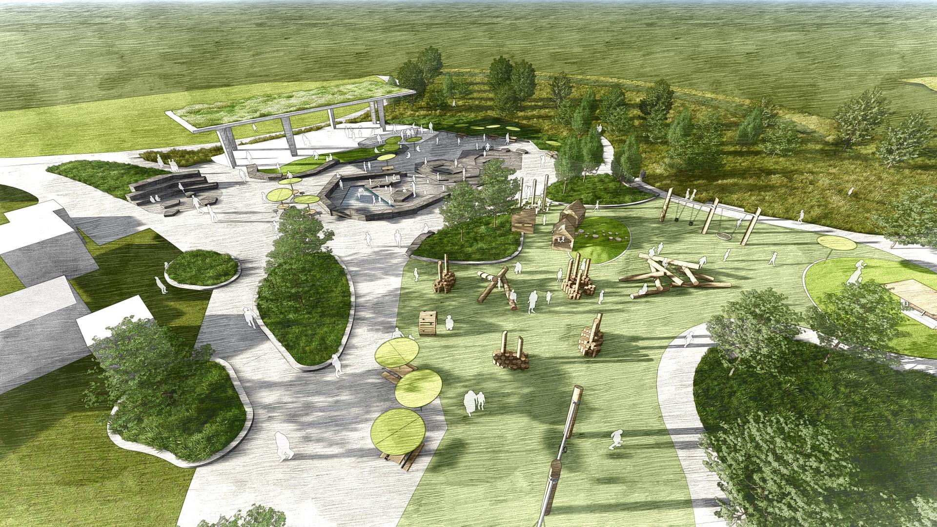 Color rendering of Mill Ridge East Rendering Pavilion and Play Expansion with Water Play