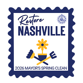 Restore Nashville 2026 Mayor's Spring Clean stamp graphic with blue border, cross, and heart symbols.
