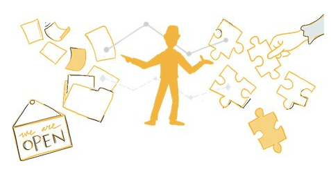 Golden figure surrounded by floating puzzle pieces and files.