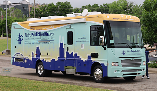 The Mobile Outreach Clinical Services Unit is a large, mobile clinic operated by the Metro Public Health Department. The blue, white and yellow bus offers many clinical health services around the county.
