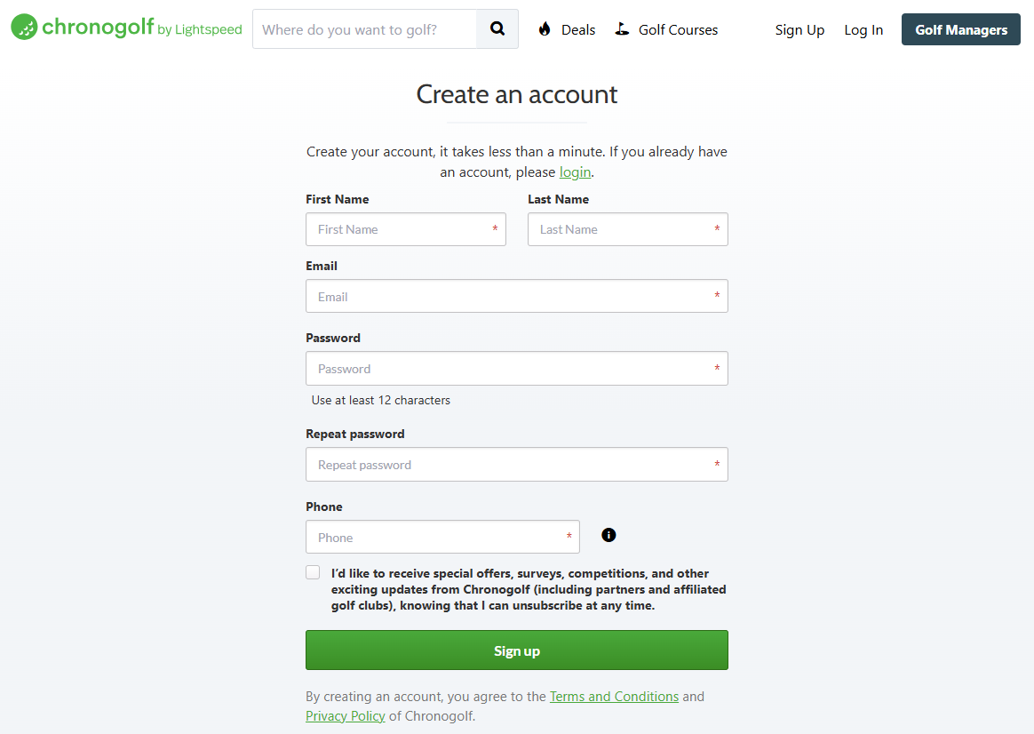 Chronogolf account creation form