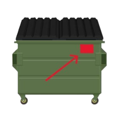 6 cubic yard front load dumpster showing permit placement at top right corner of the container on the front of the container near the lid opening.