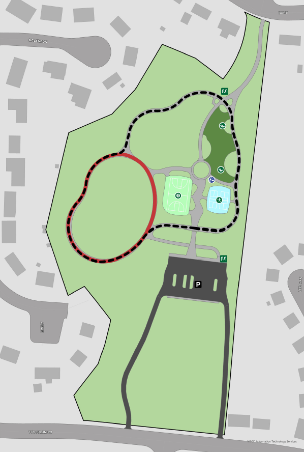 basic map layout of park with drawn park features and roadways