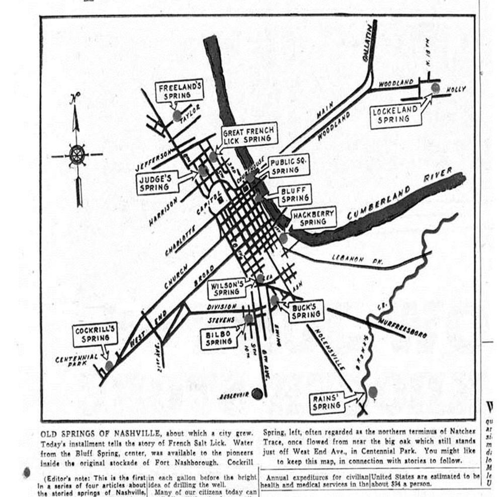 Street map of downtown area with labeled roads, rivers, springs, landmarks, and directional indicators in black and white.