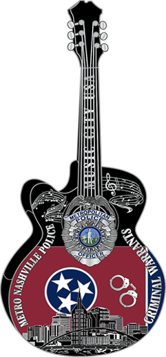 Black semi-hollow body electric guitar with Tennessee flag and musical design details on the body.