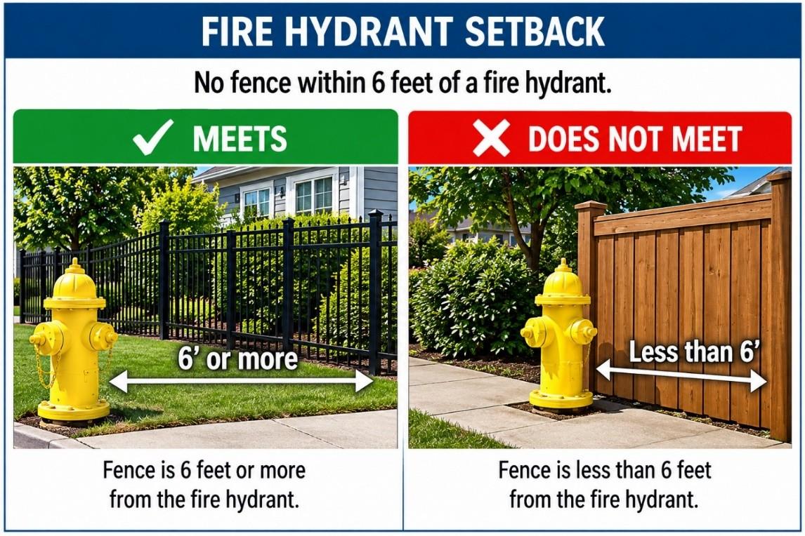 Fire hydrant comparison graphic showing hydrant meeting and not meeting setback requirements from buildings and lot lines.