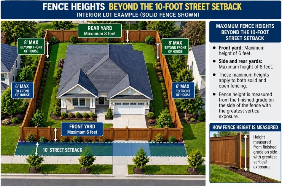 Aerial view of residential house with fence height diagram showing setback requirements from property lines.