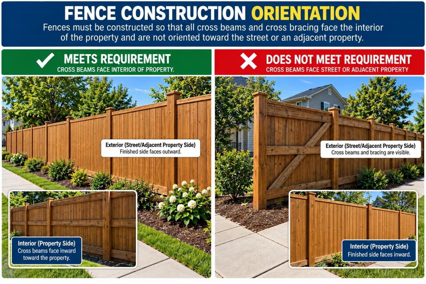 Fence construction orientation guide showing two side-by-side examples of proper and improper fence panel installation with labeled diagrams.